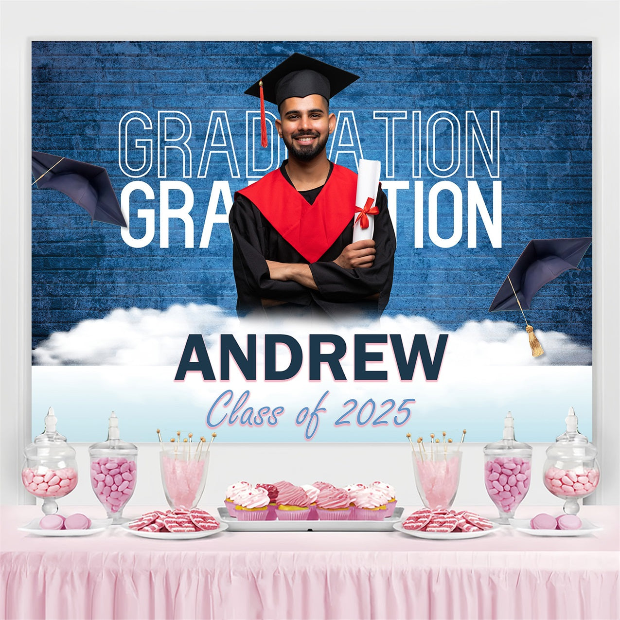 2025 Graduation Backdrop Blue Brick Wall Customized Party Graduation Backdrop UK MRR3-185