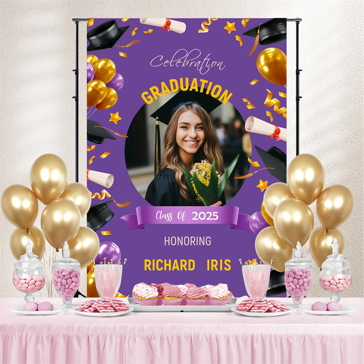 Graduation Backdrop Purple Balloon Confetti Personalised Party Graduation Backdrop UK MRR3-191