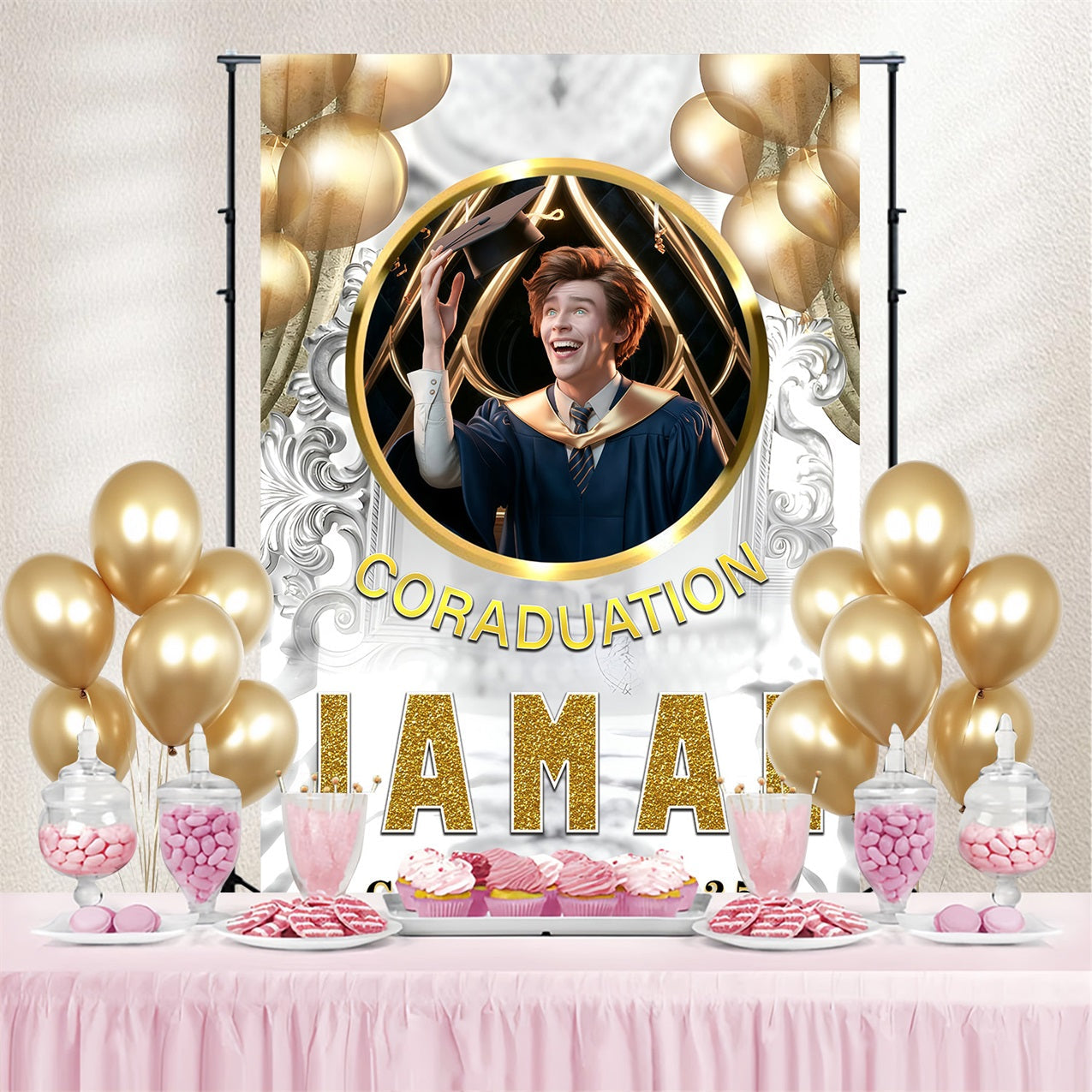 Graduated Backdrop White Gold Balloon Customized Party Graduation Backdrop UK MRR3-194