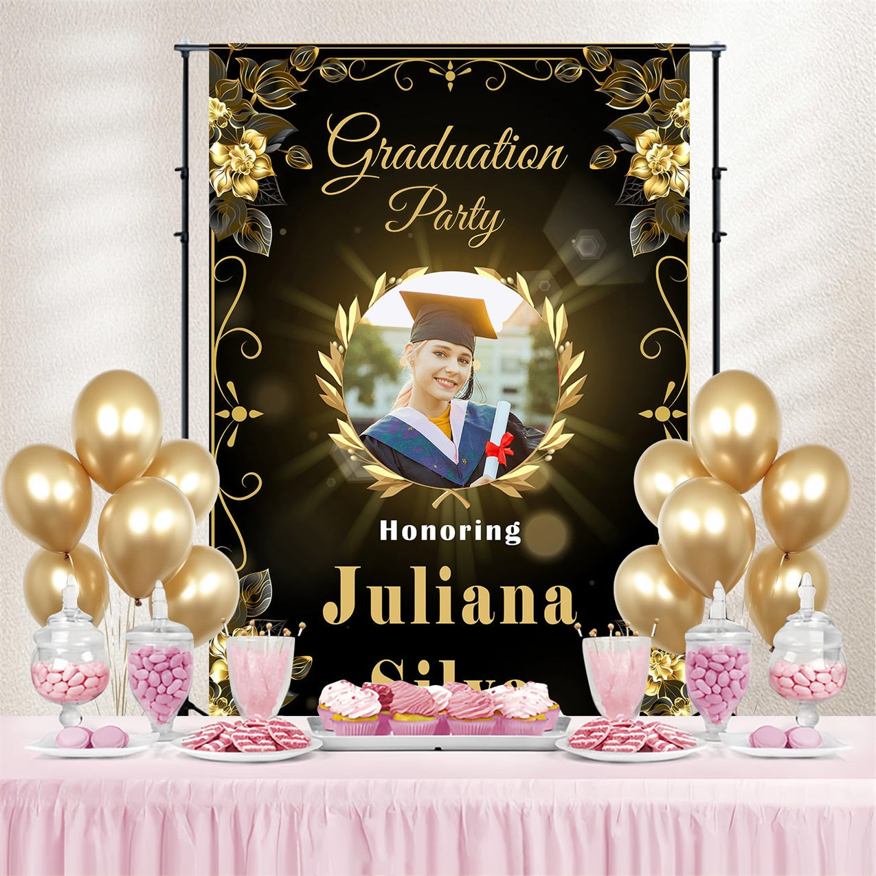 Graduation Backdrops Floral Frame Custom Party Graduation Backdrop UK MRR3-196