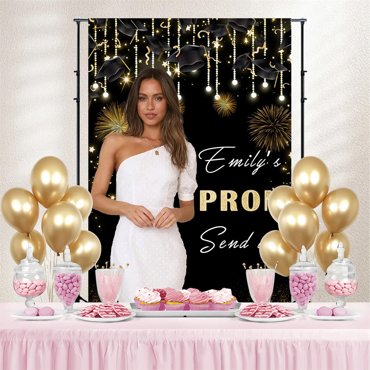 Prom Photo Backdrop Cap Sparkling Fireworks Personalised Party Graduation Backdrop UK MRR3-199