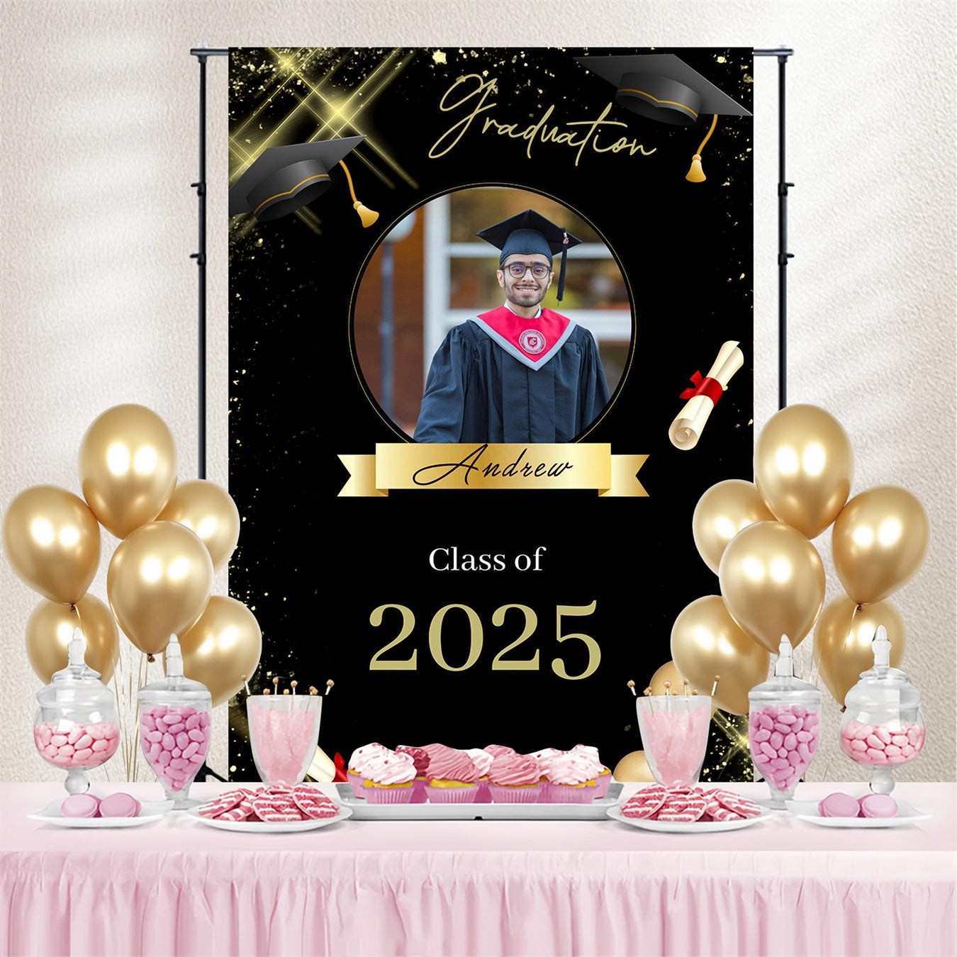 Backdrop Graduation Scroll Hat Balloon Custom Party Graduation Backdrop UK MRR3-200