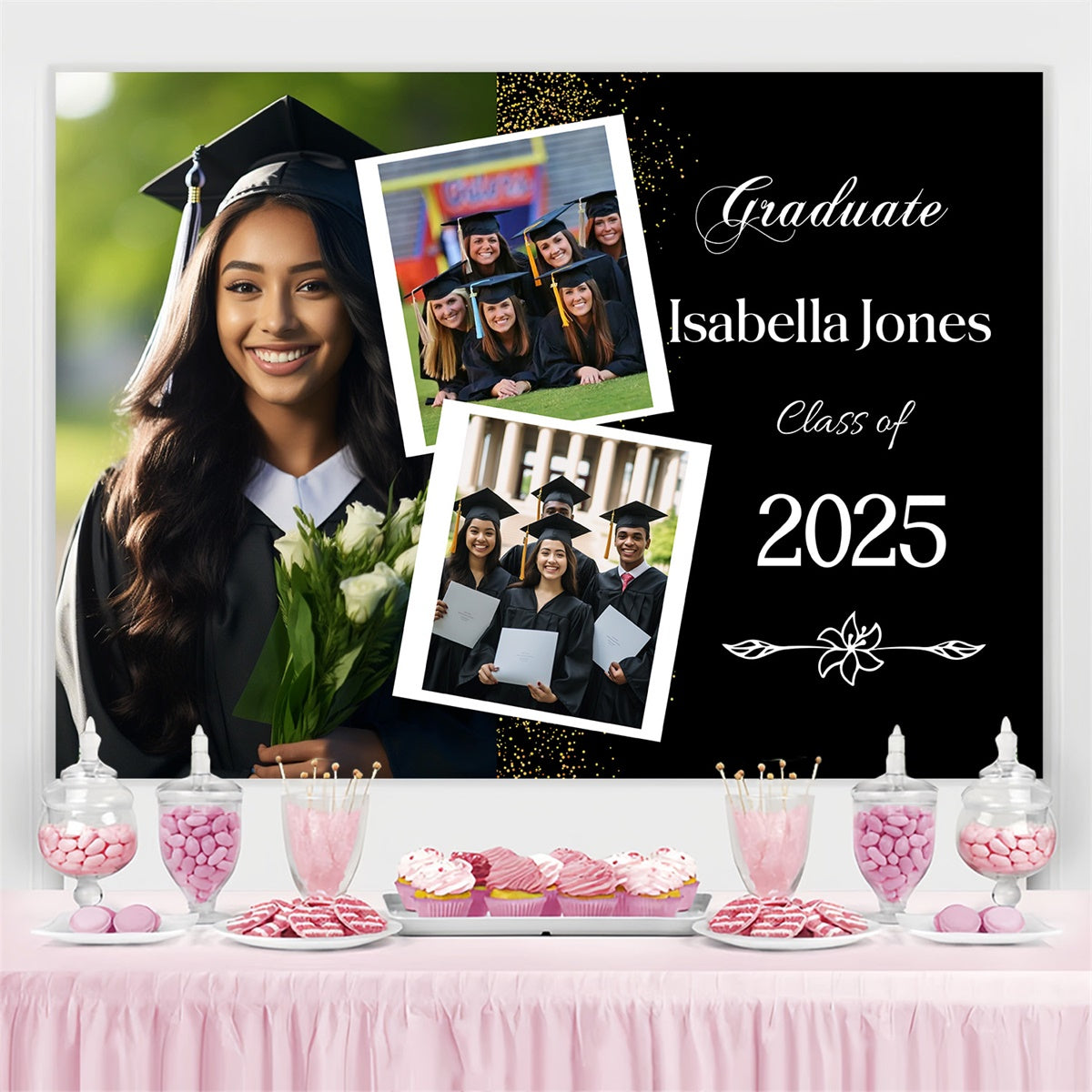 Custom Graduation Backdrop Elegant Black Gold Graduation Party Backdrop UK MRR4-1
