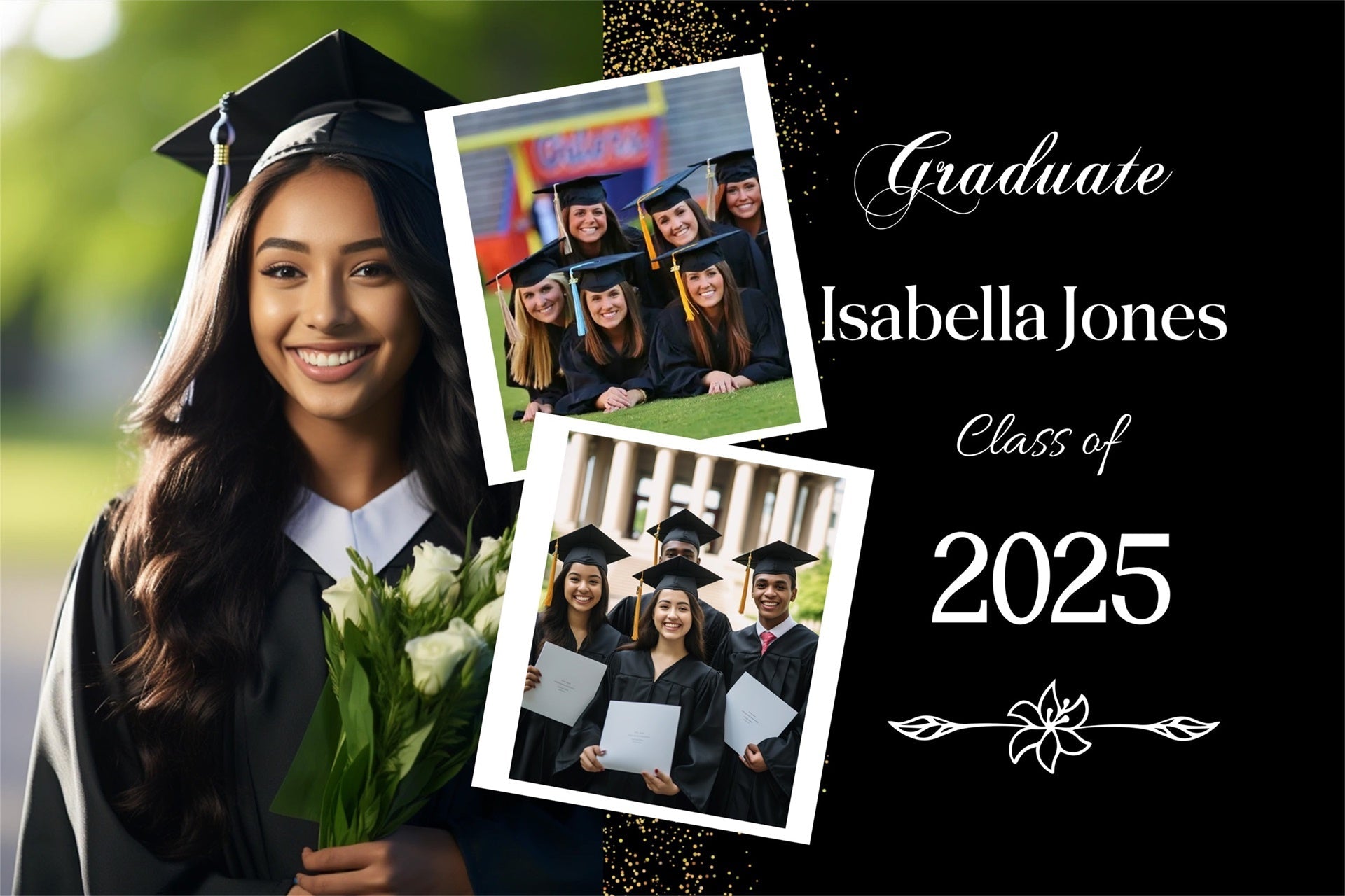 Custom Graduation Backdrop Elegant Black Gold Graduation Party Backdrop UK MRR4-1