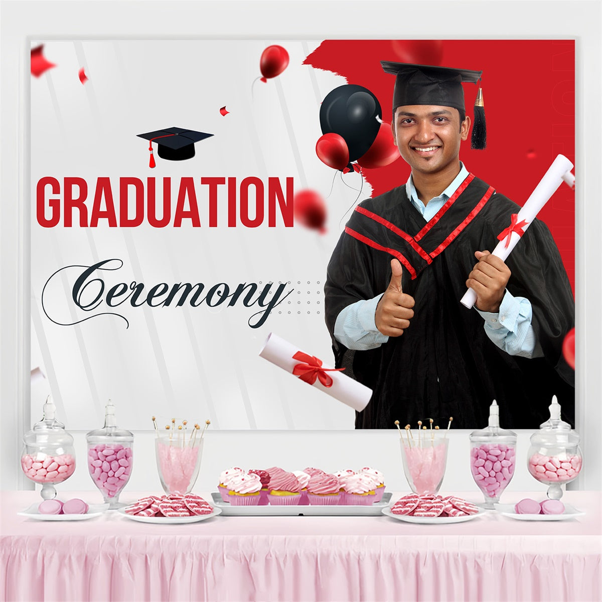 Customized Graduation Backdrop Red Accent Balloon Graduation Party Backdrop UK MRR4-10