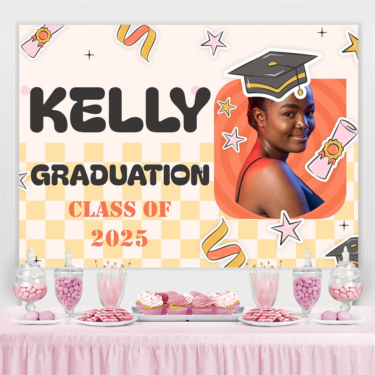 Custom Graduation Backdrop 2025 Cartoon Style Graduation Party Backdrop UK MRR4-13