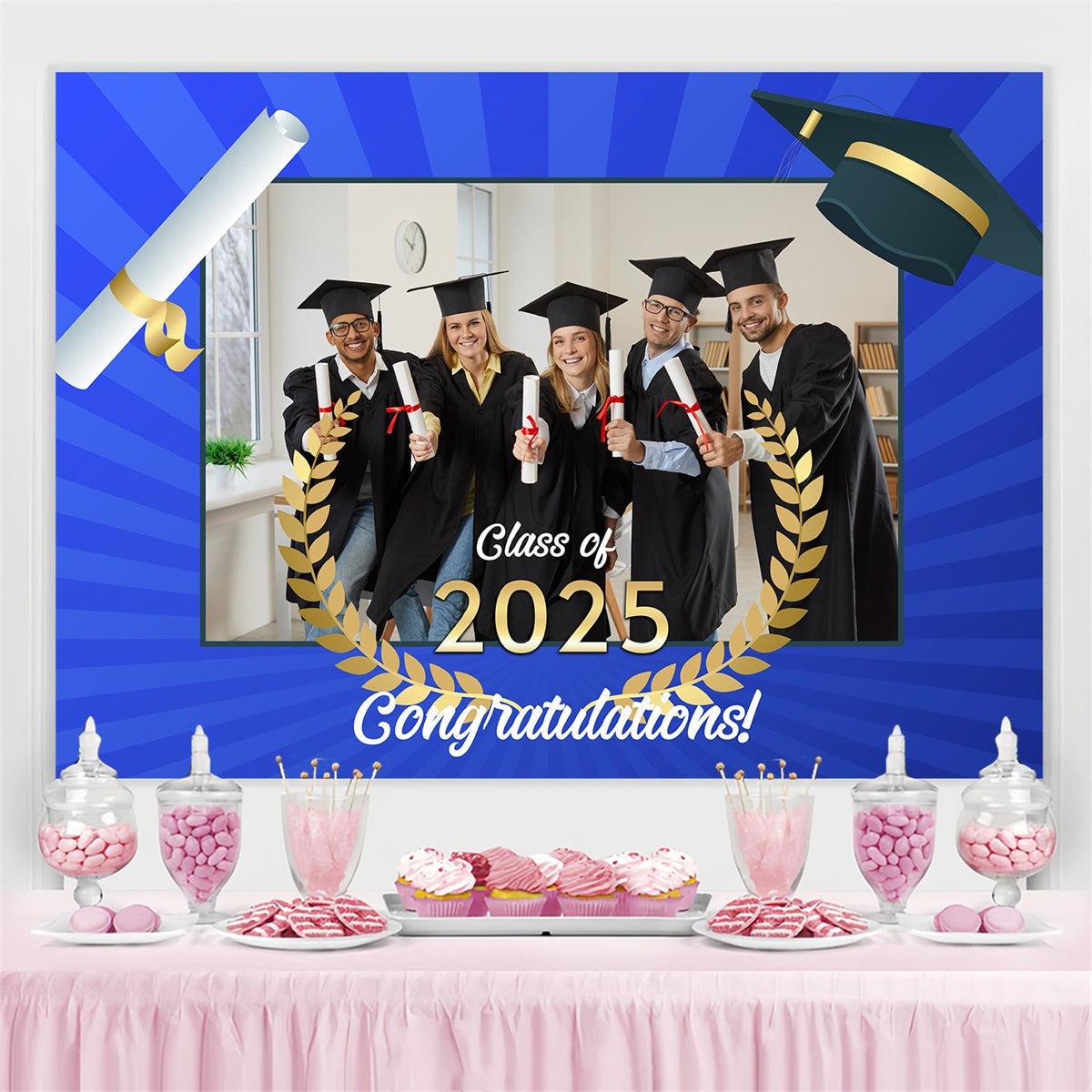 Customized Graduation Backdrop Laurel Wreath Blue Graduation Party Backdrop UK MRR4-16