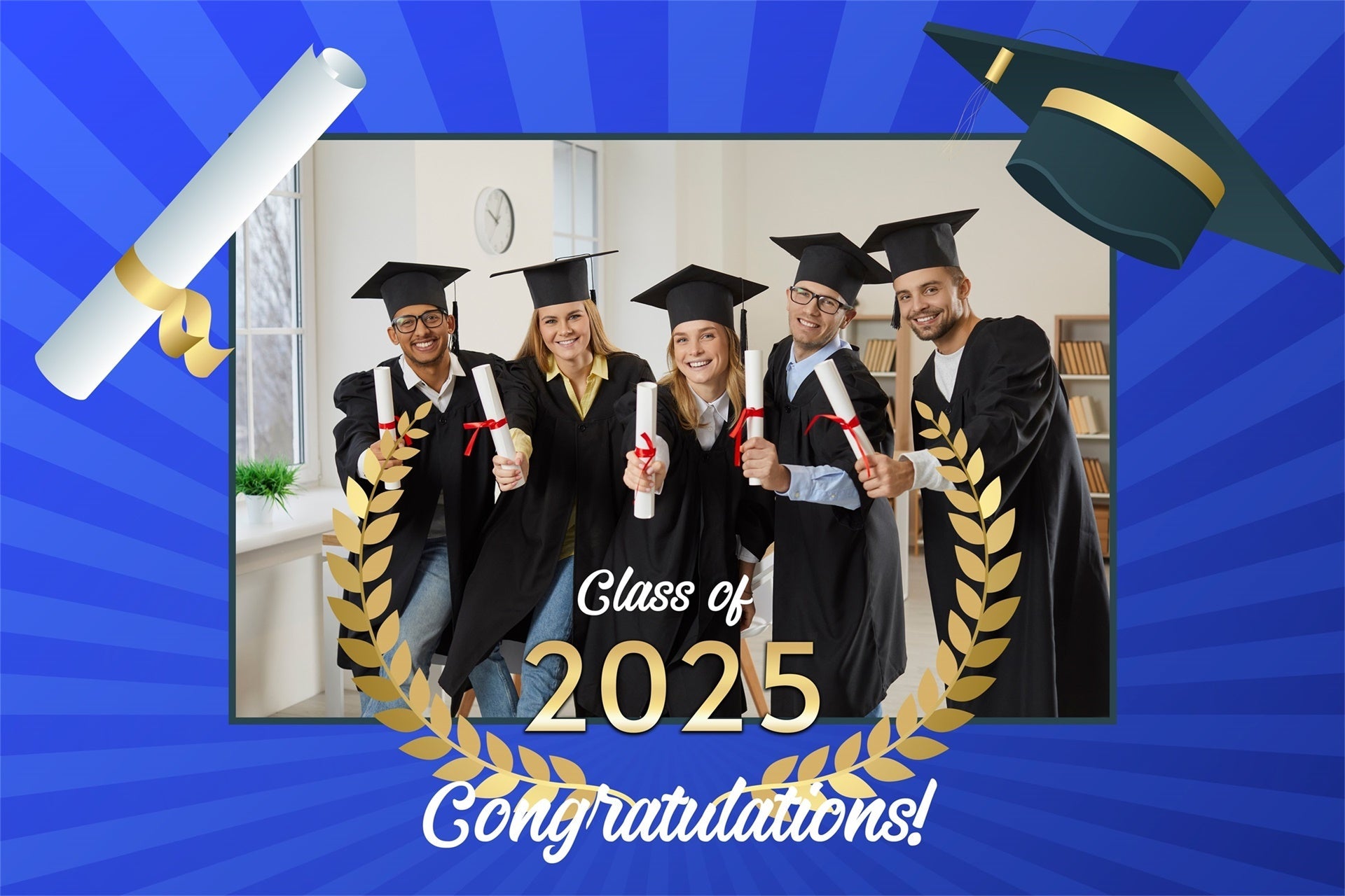 Customized Graduation Backdrop Laurel Wreath Blue Graduation Party Backdrop UK MRR4-16