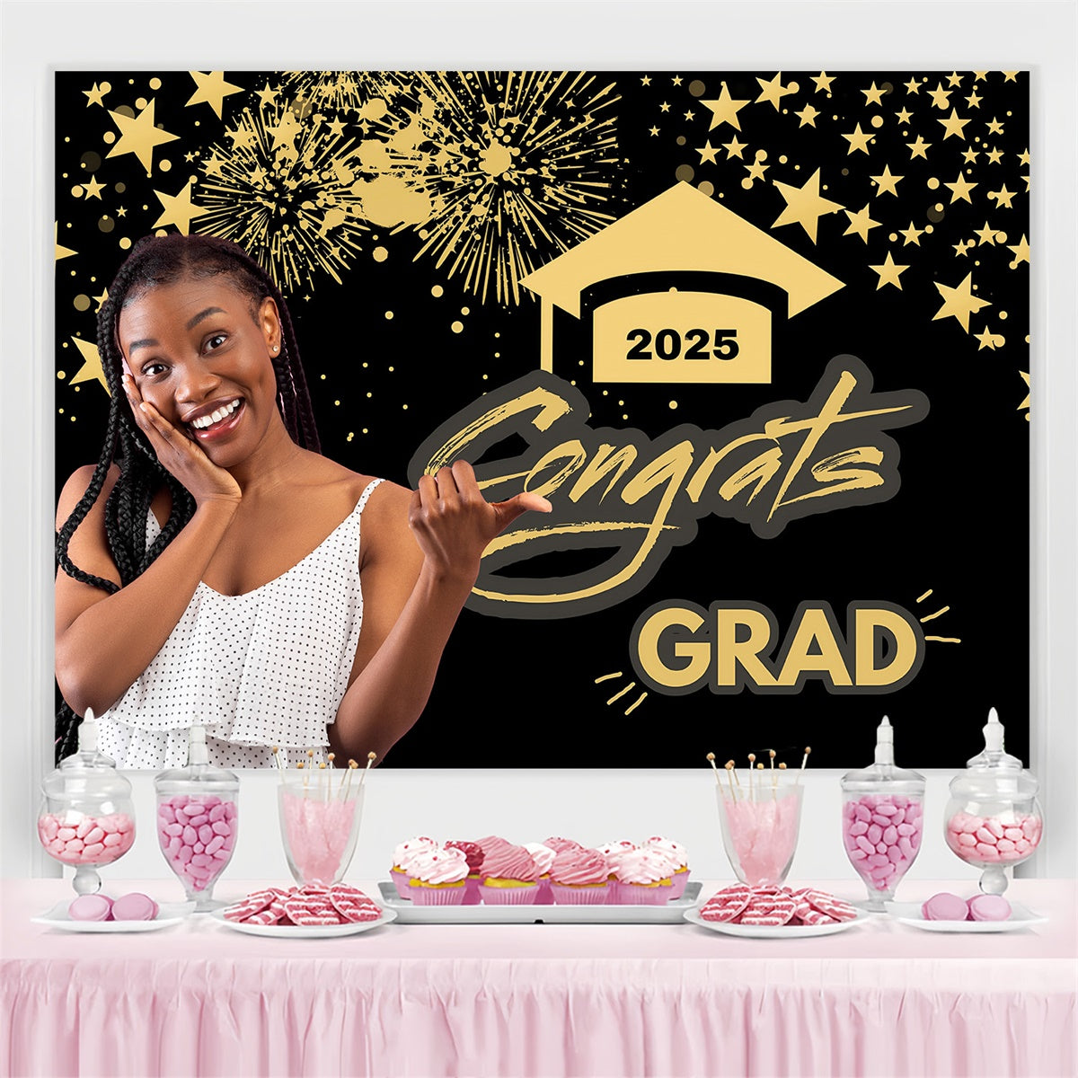 Customized Graduation Backdrop Gold Star Graduation Party Backdrop UK MRR4-2