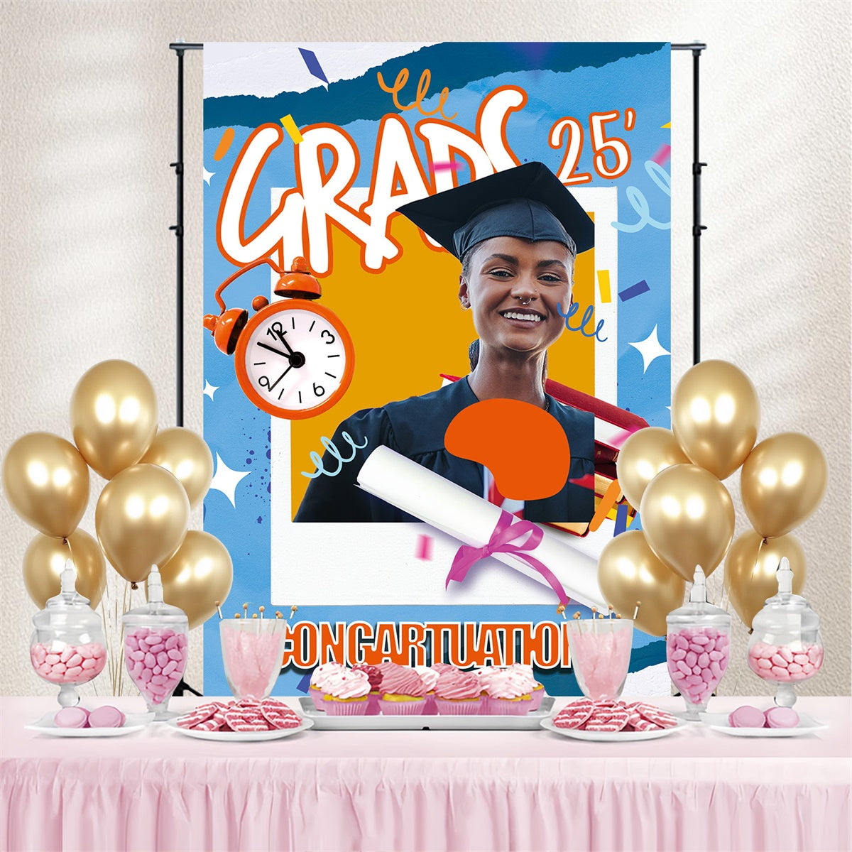 Custom Graduation Backdrop Bright Blue Style Graduation Party Backdrop UK MRR4-25