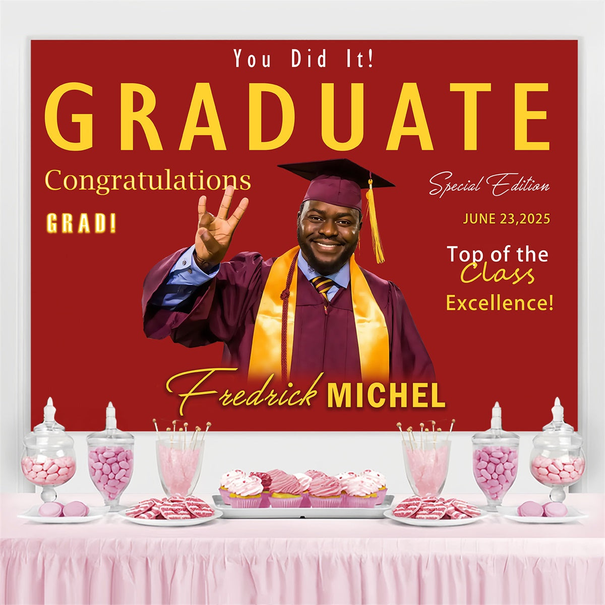 Personalized Graduation Backdrop Red Gold Honor Graduation Party Backdrop UK MRR4-3
