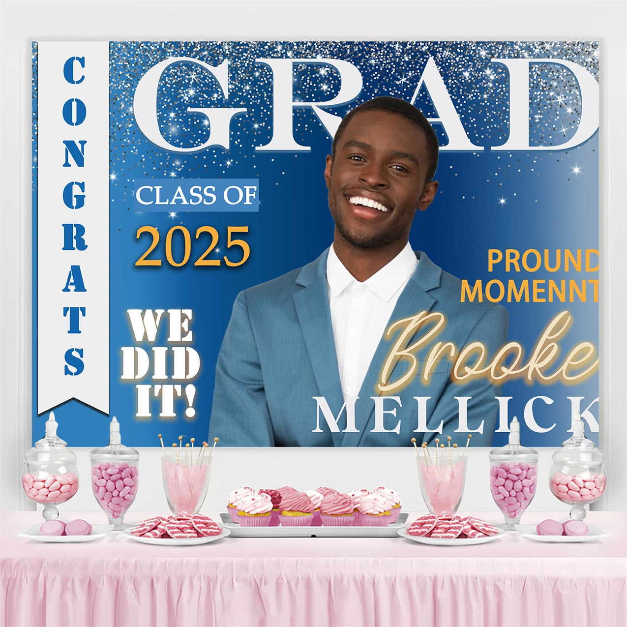 Graduation Photo Backdrop Shining Blue Silver Personalised Party Graduation Backdrop UK MRR4-35