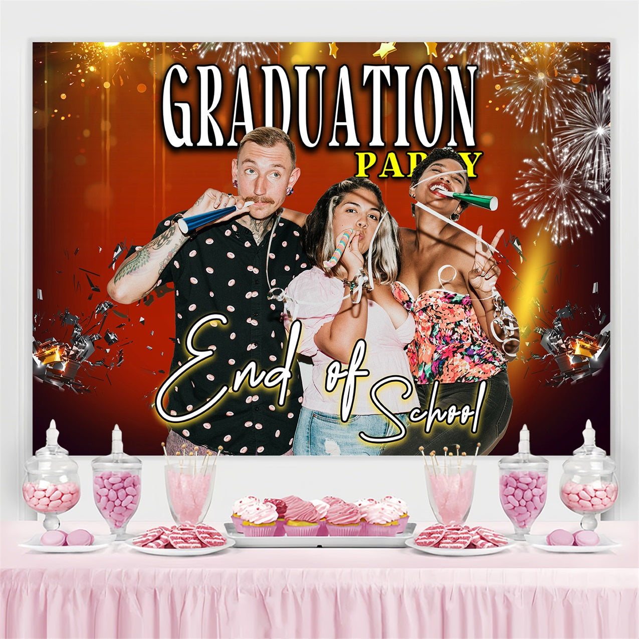 2025 Graduation Backdrop Bright Orange Fireworks Customized Party Graduation Backdrop UK MRR4-38