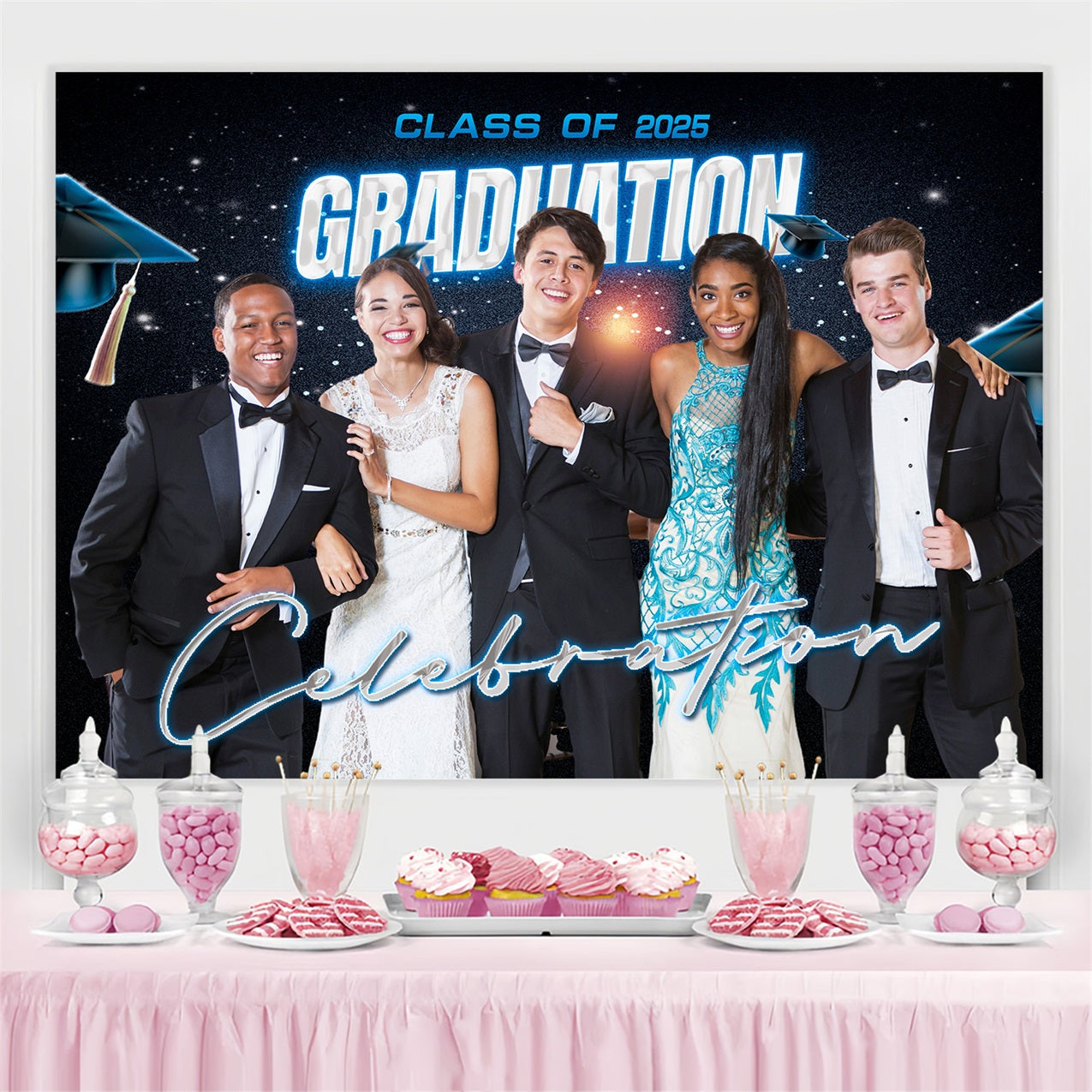 Blue Graduation Backdrop Twinkling Stars 2025 Personalised Party Graduation Backdrop UK MRR4-43
