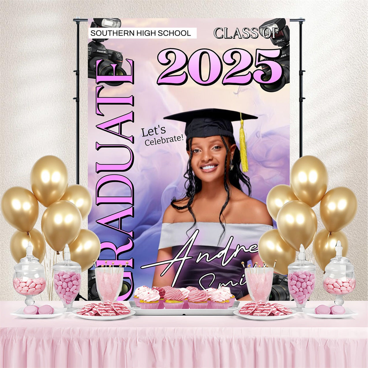 Graduation Photoshoot Backdrop Pastel Purple Cameras Customized Party Graduation Backdrop UK MRR4-46