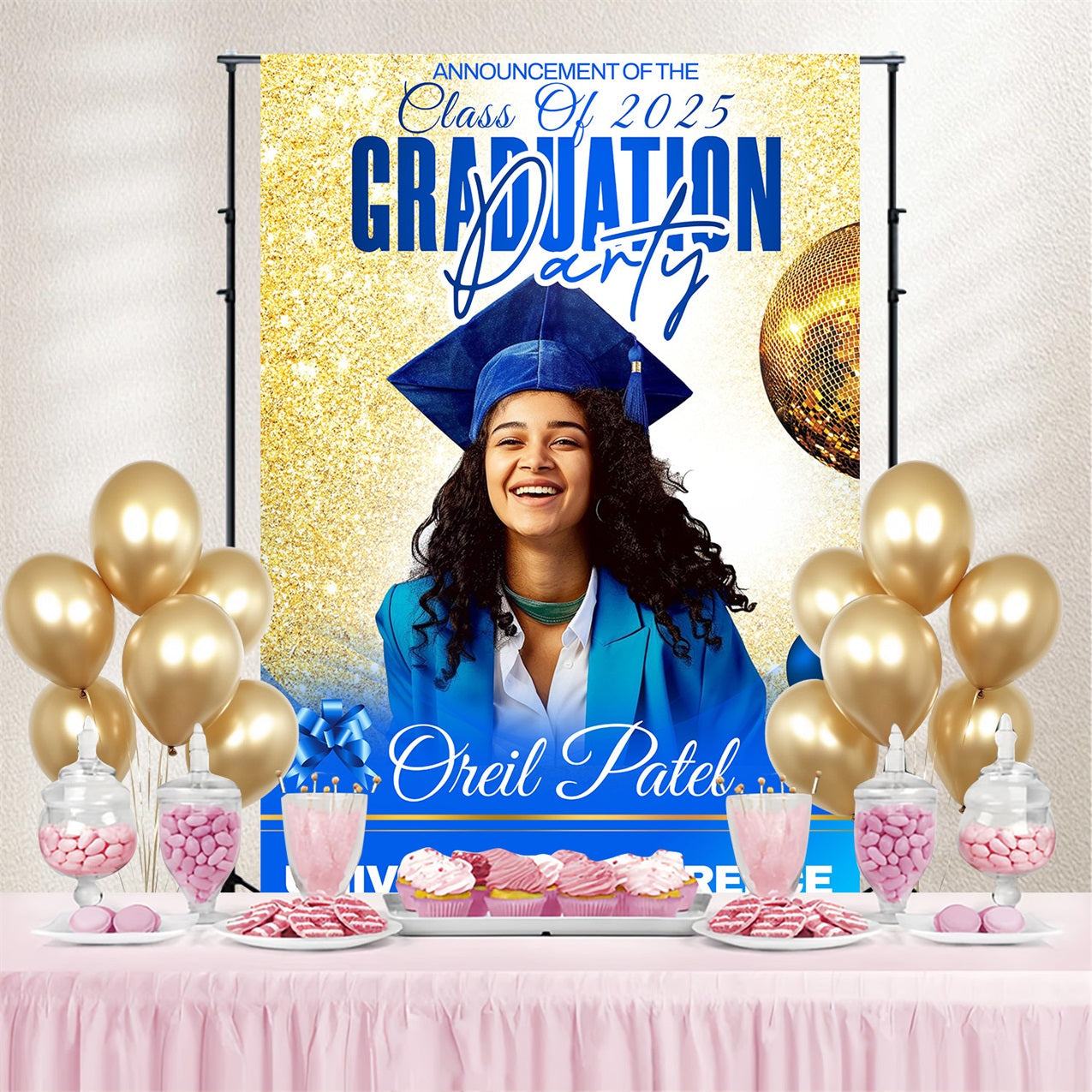 Graduated Backdrop Golden Sparkle Celebration Personalised Party Graduation Backdrop UK MRR4-47