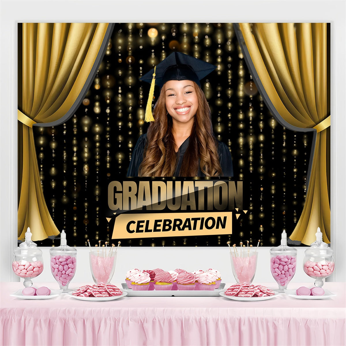Custom Graduation Backdrop 2025 Golden Curtain Graduation Party Backdrop UK MRR4-5