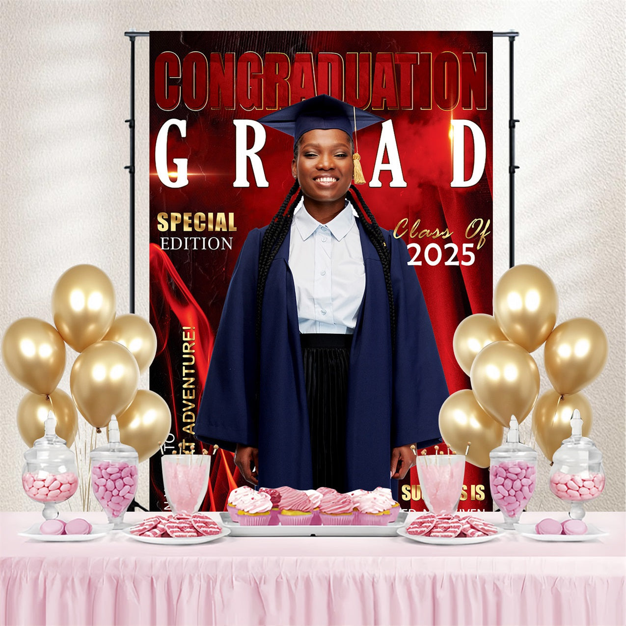 Graduation Photo Backdrop Fire Red 2025 Personalized Party Graduation Backdrop UK MRR4-54