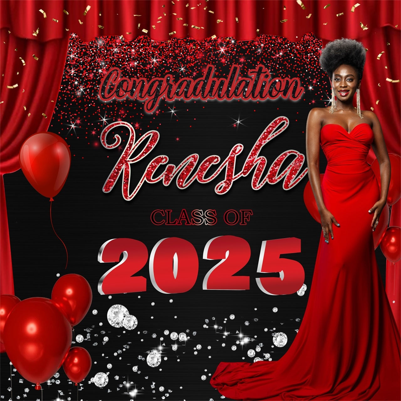 Customized Graduation Backdrop Red Curtain Glam Graduation Party Backdrop UK MRR5-21