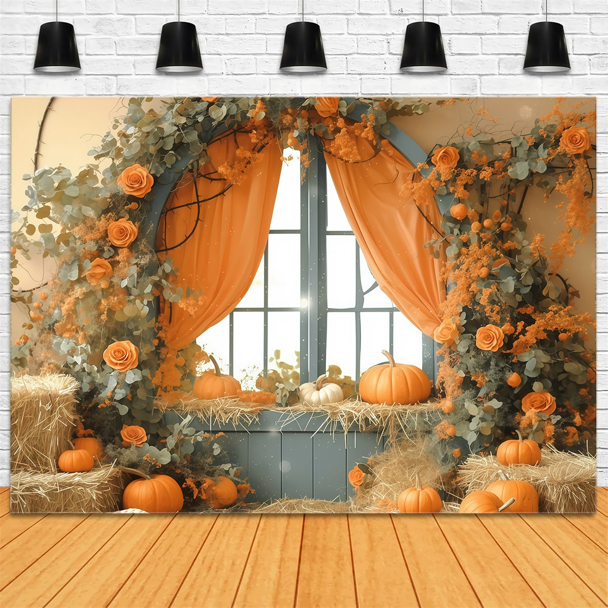 Fall Backdrop For Photos Pastel Pumpkin Window Backdrop UK MRR7-121