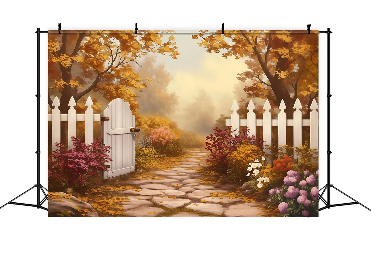 Fall Forest Backdrop White Fence Golden Trail Backdrop UK MRR7-124