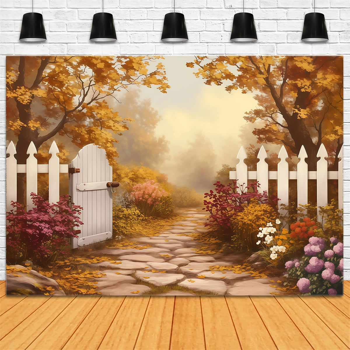 Fall Forest Backdrop White Fence Golden Trail Backdrop UK MRR7-124