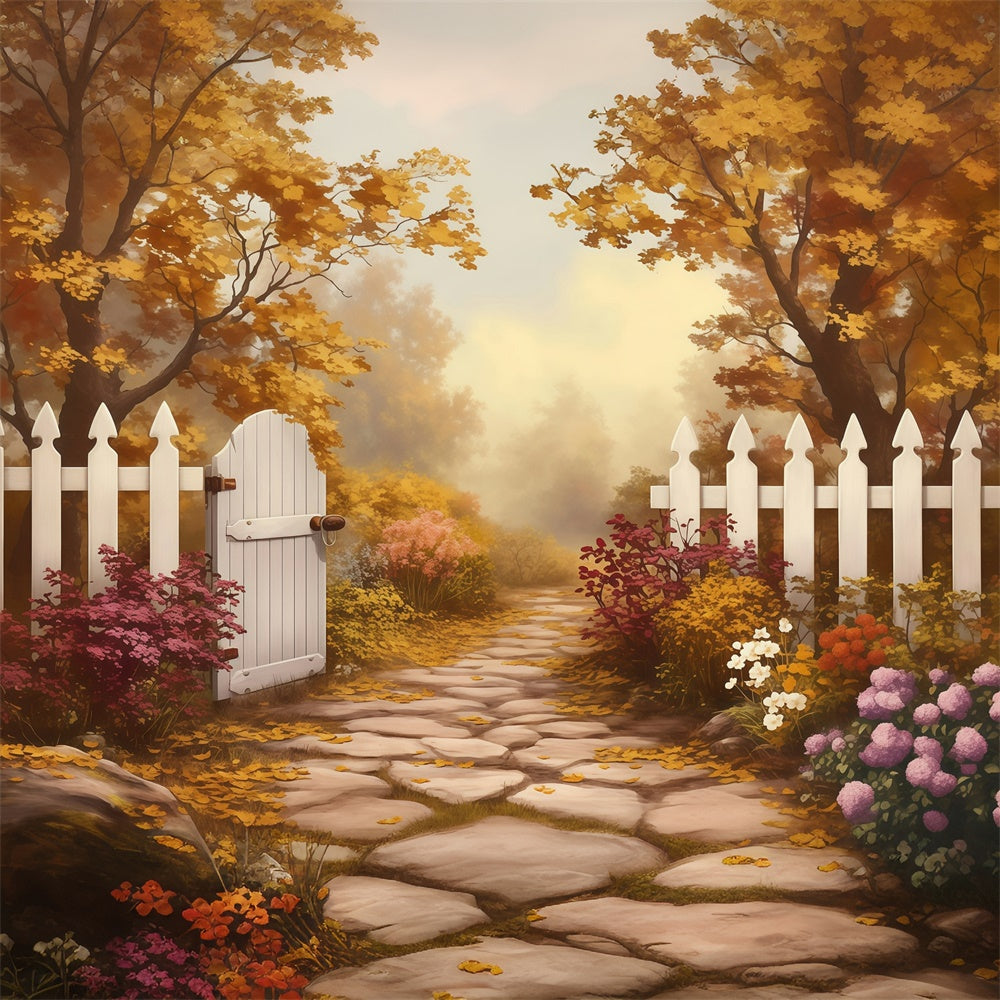 Fall Forest Backdrop White Fence Golden Trail Backdrop UK MRR7-124