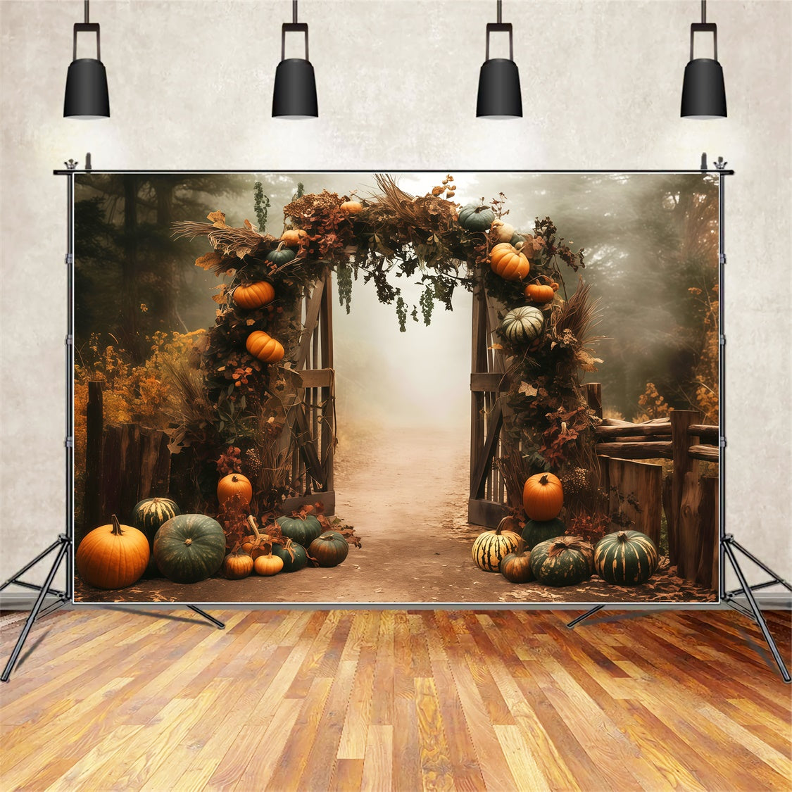 Fall Photo Backdrop Misty Pumpkin Arch Path Backdrop UK MRR7-128