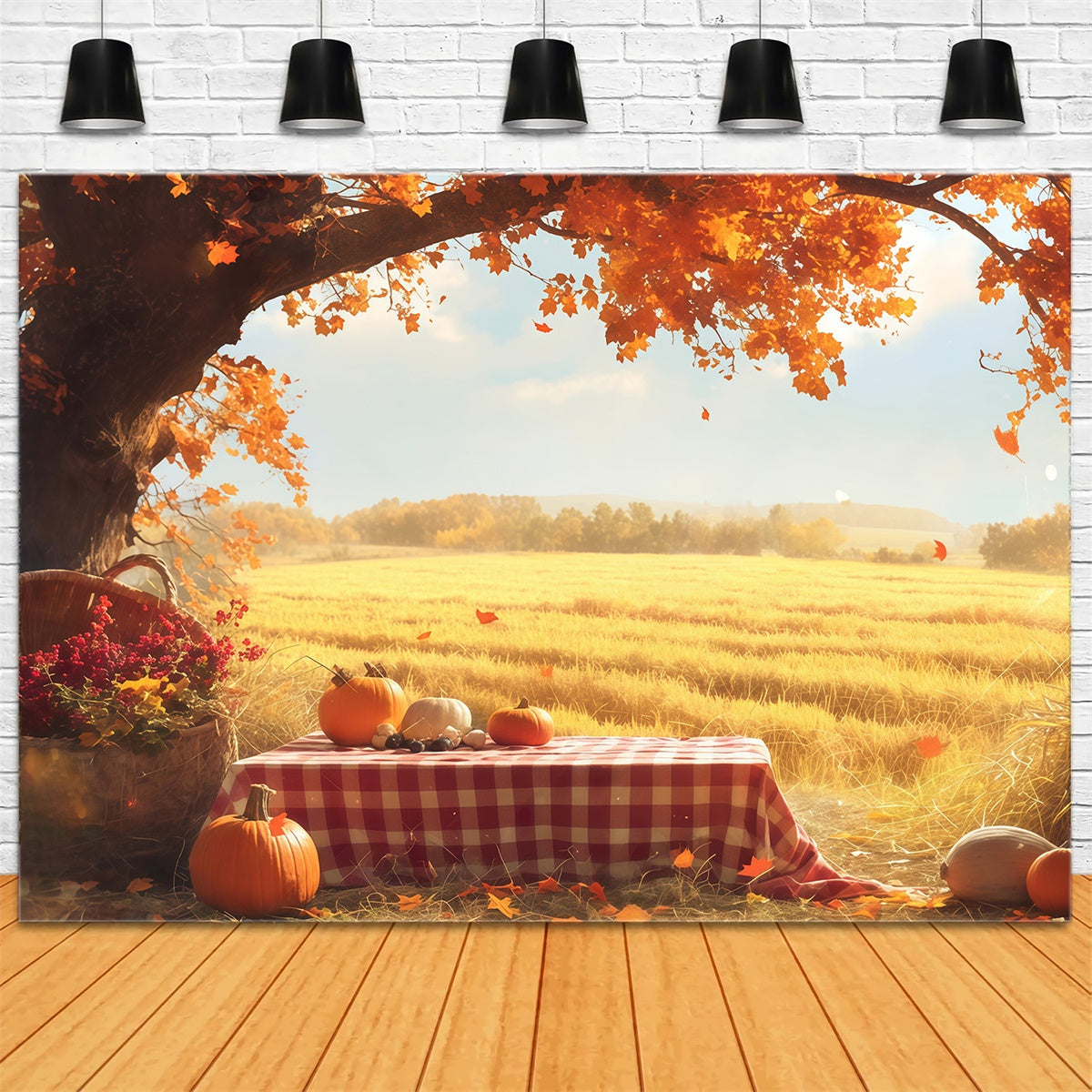 Fall Backdrop Golden Field Pumpkin Picnic Backdrop UK MRR7-129