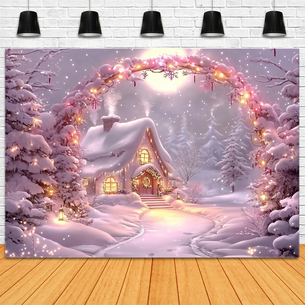 Winter Wonderland Backdrop Glow Cabin Lights Backdrop UK MRR7-149