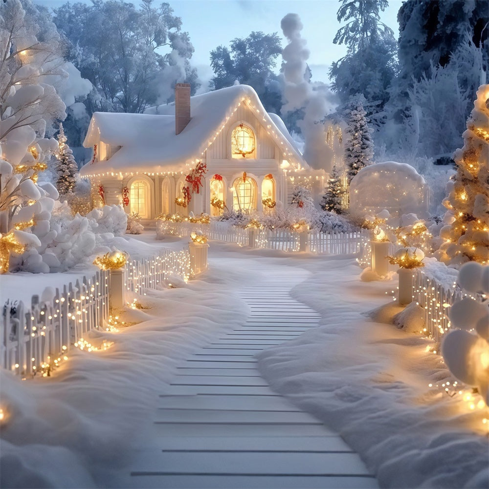 Winter Scene Backdrop Glowing Winter Cottage Backdrop UK MRR7-161