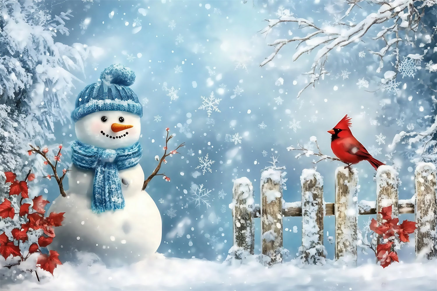 Snowy Backdrop Cardinal Snowman Cheerful Backdrop UK MRR7-170