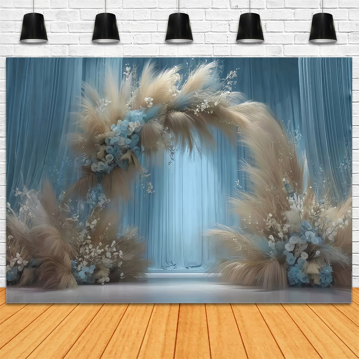Boho Backdrops Misty Blue Pampas Arch Backdrop UK MRR7-266