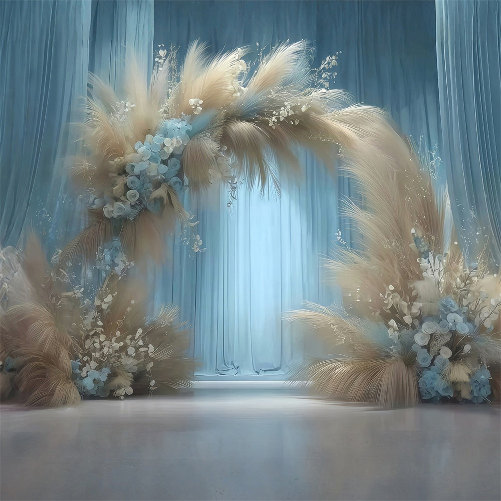 Boho Backdrops Misty Blue Pampas Arch Backdrop UK MRR7-266