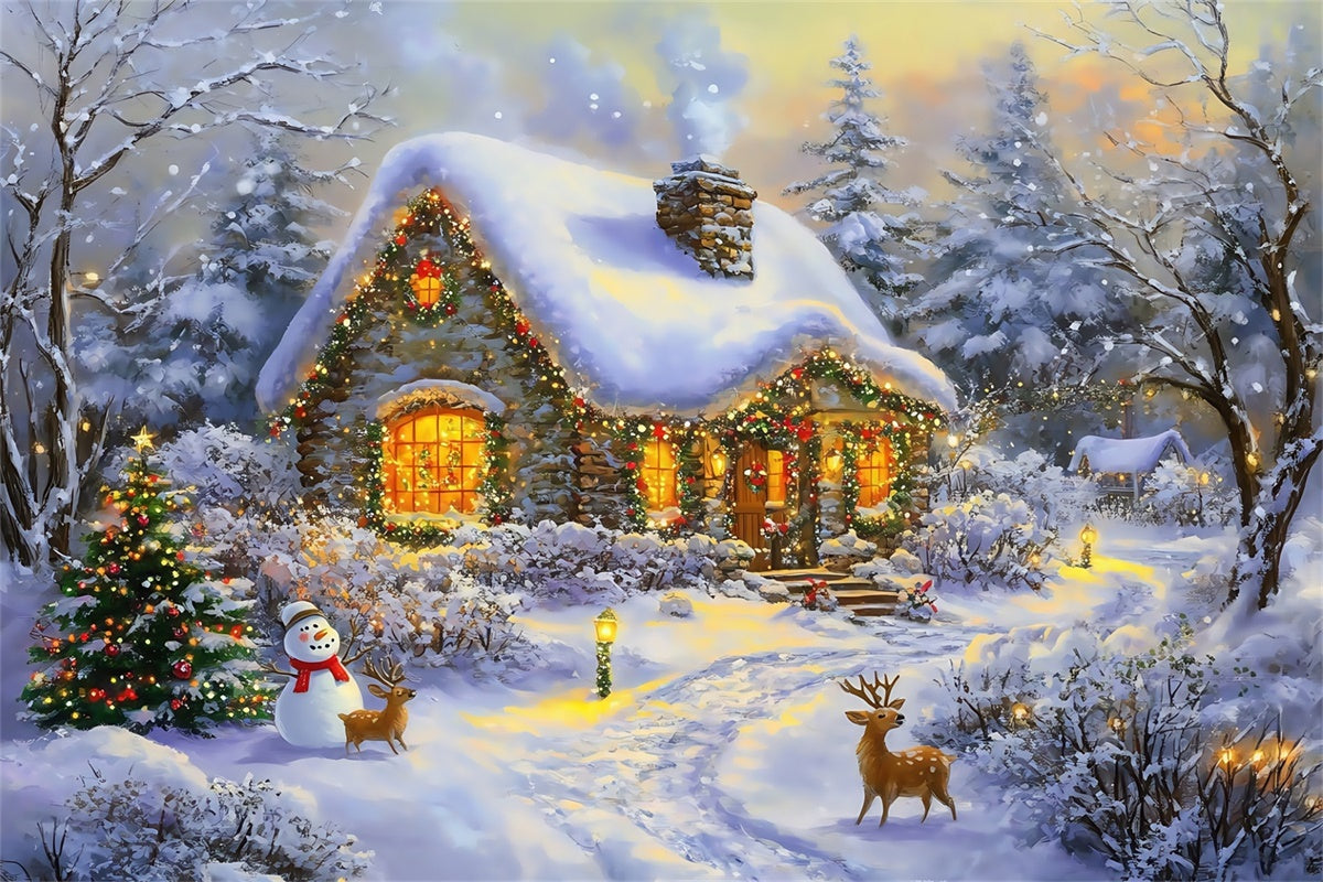 Christmas Backdrops Sale Snowman Forest Cottage Backdrop UK MRR7-73