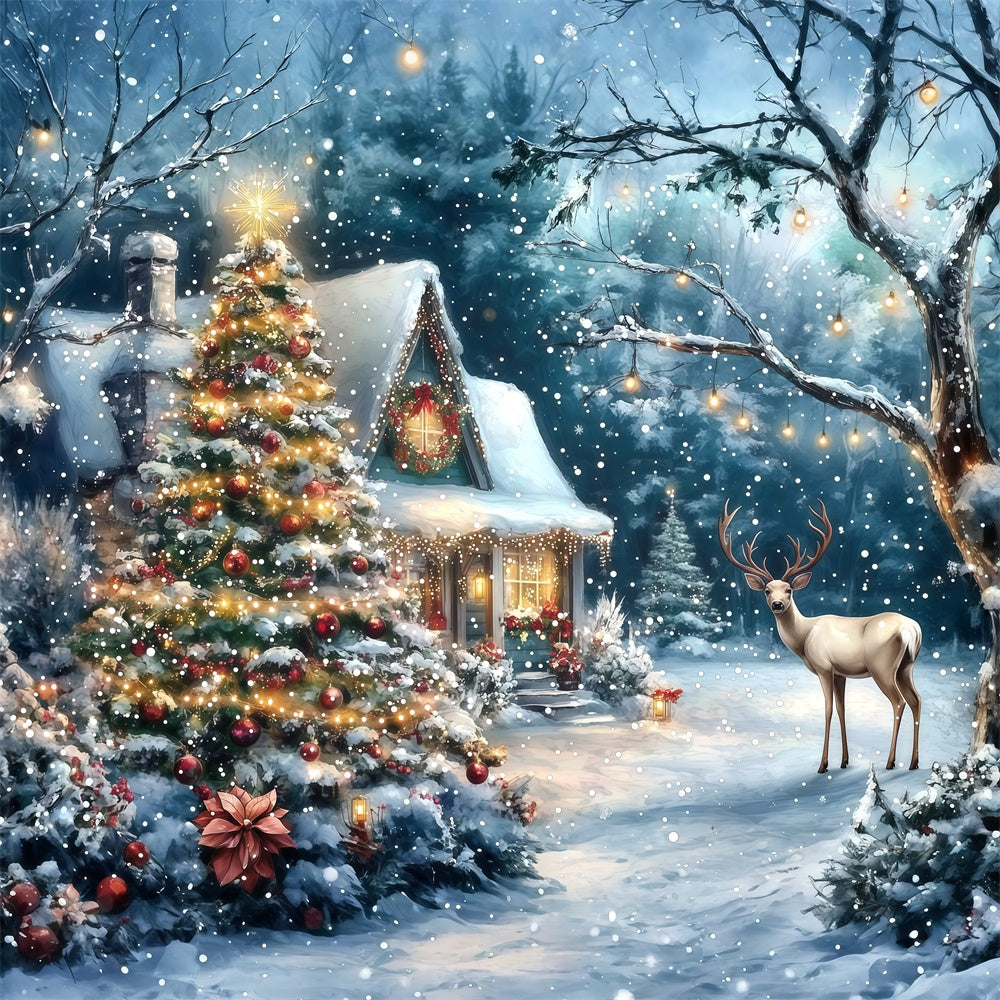 Christmas Photo Backdrop Twinkling Tree Cabin Backdrop UK MRR7-74
