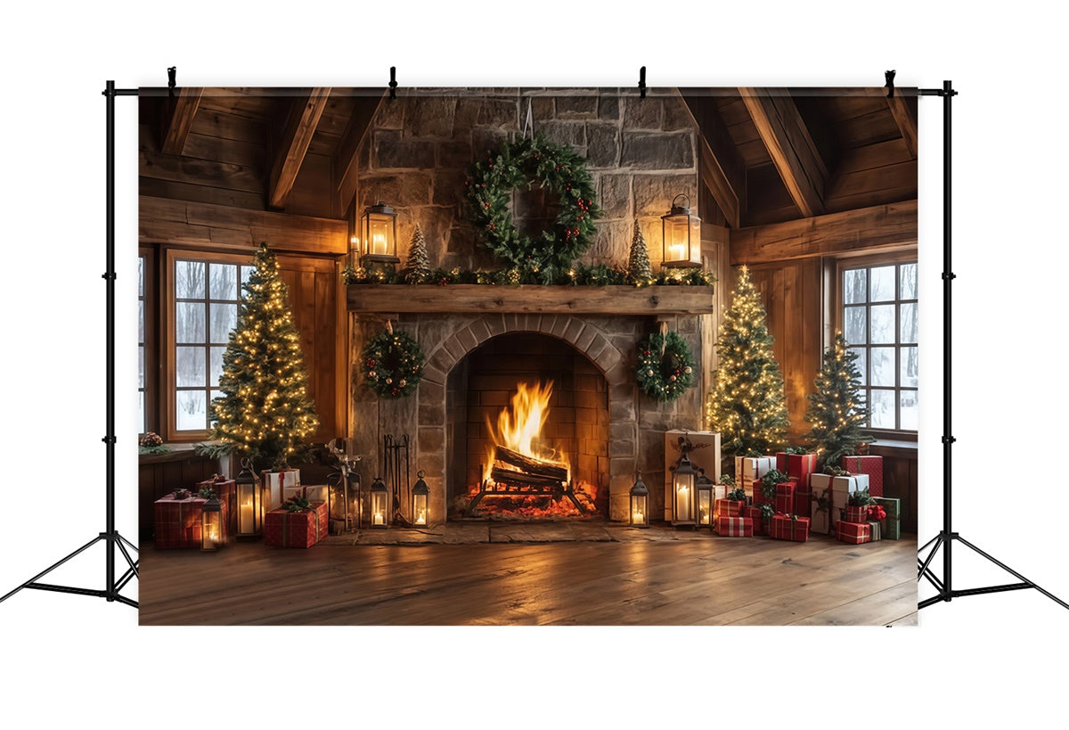 Christmas Fireplace Backdrop Rustic Lodge Hearth Backdrop UK MRR7-80
