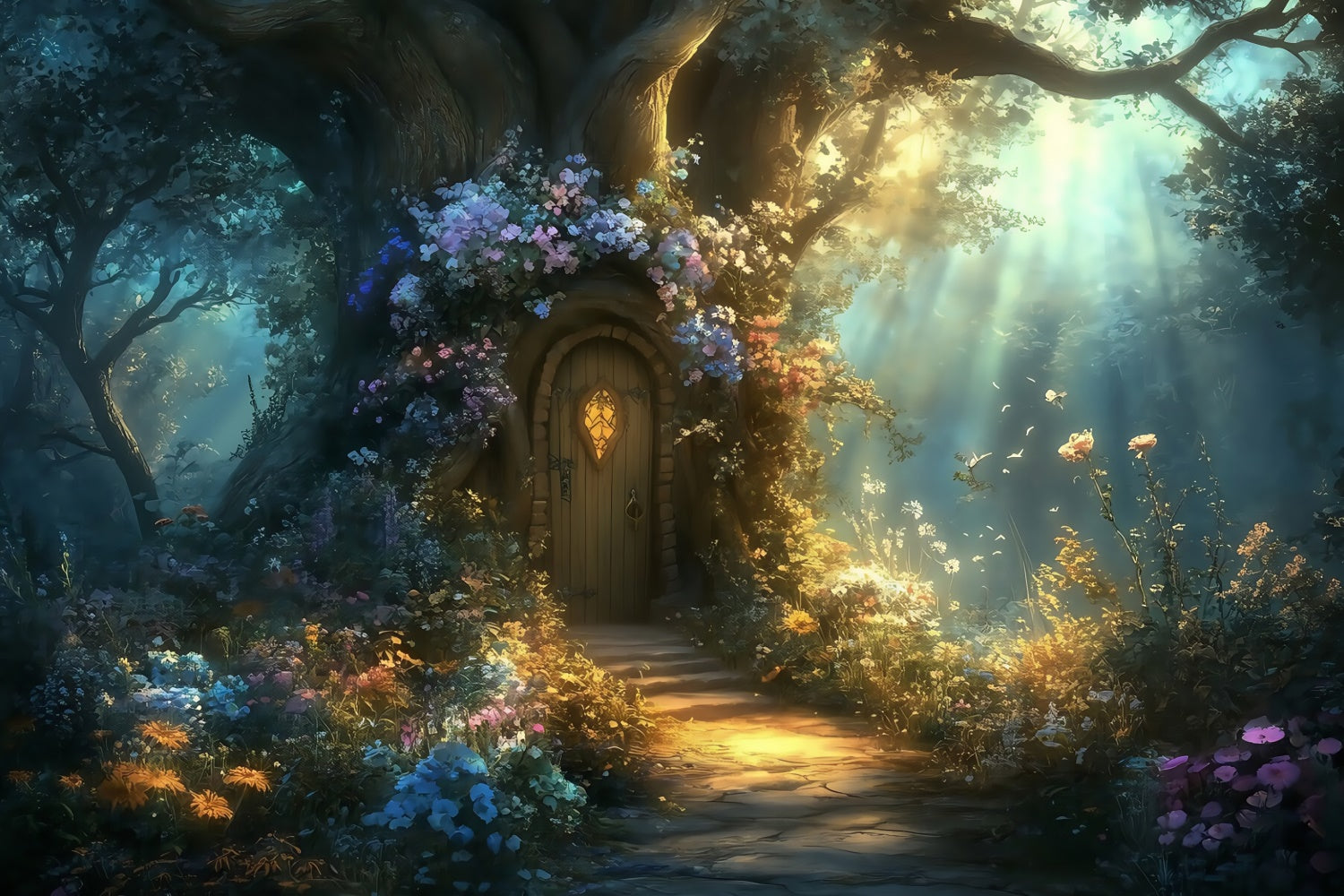 Fairytale Forest Backdrop Blossom Tree Cottage Backdrop UK MRR7-93
