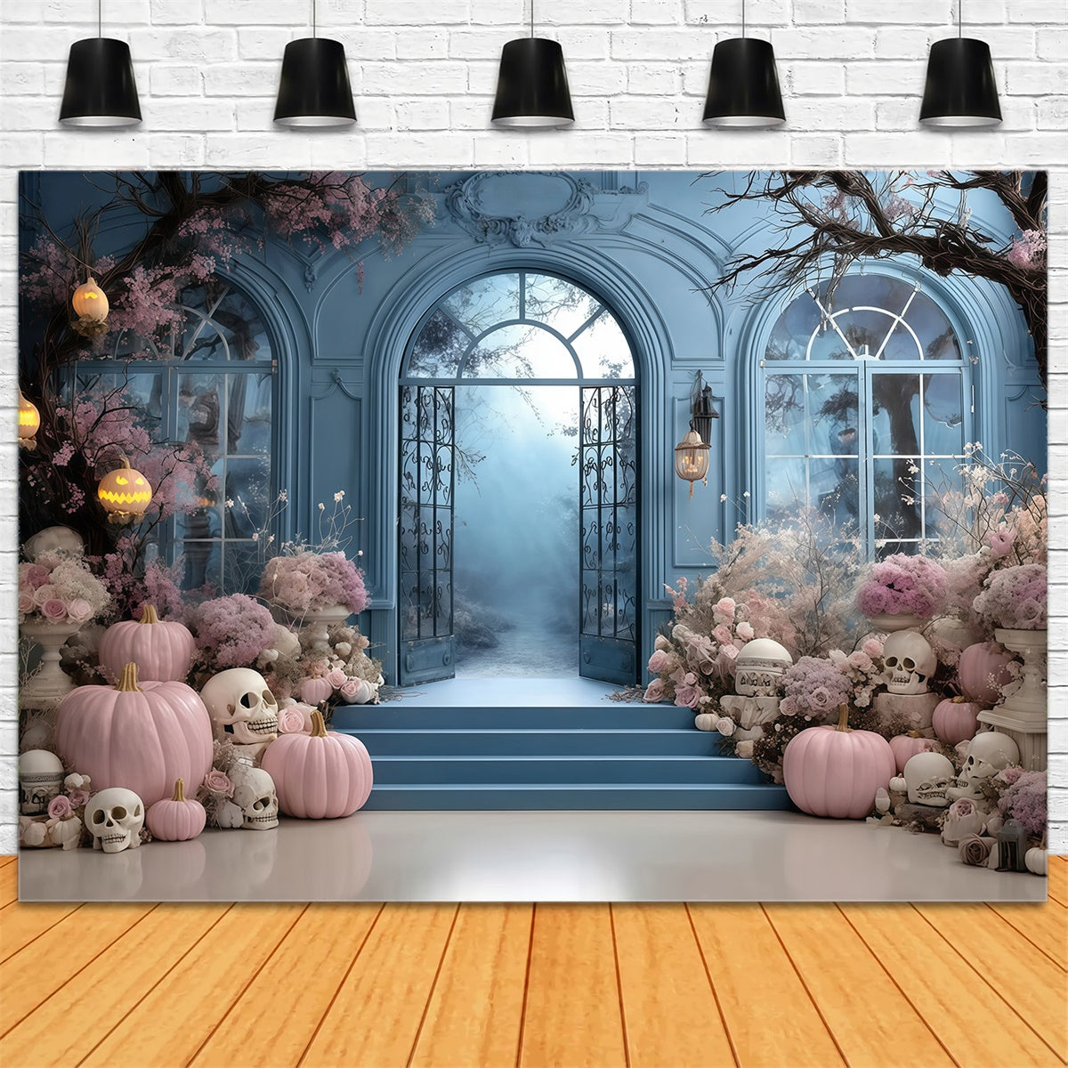 Halloween Backdrop Ideas Pink Flower Pumpkin Blue Door Wall Halloween Backdrop UK MRR8-10