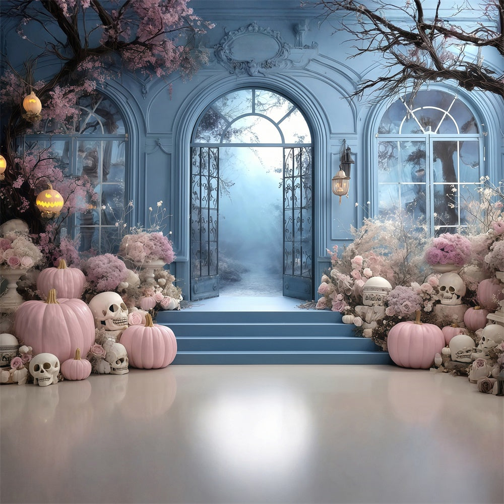 Halloween Backdrop Ideas Pink Flower Pumpkin Blue Door Wall Halloween Backdrop UK MRR8-10