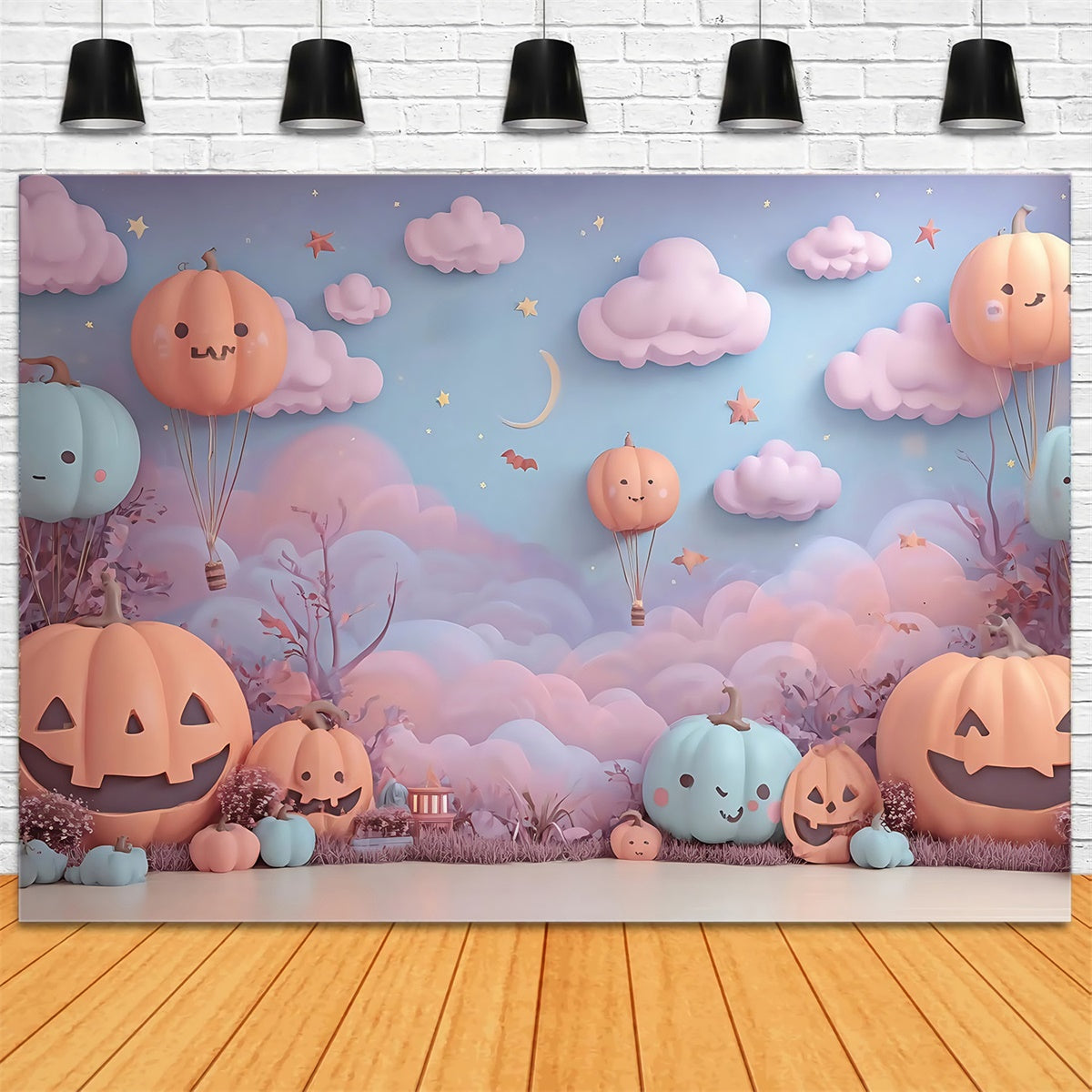 Halloween Backdrops Pumpkin Hot Air Balloon Clouds Stars Kids Backdrop UK MRR8-12