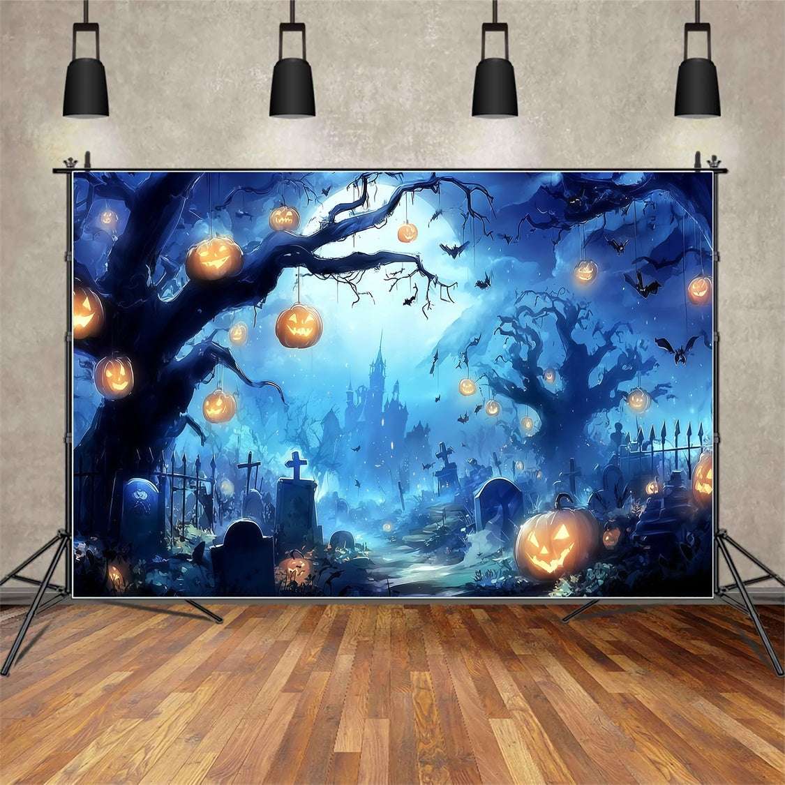 Halloween Graveyard Backdrop Eerie Pumpkin Chandelier Forest Castle Backdrop UK MRR8-13
