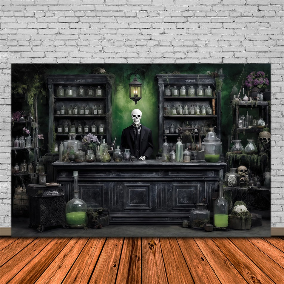 Scary Halloween Backdrops Chemical Reagent Mystery Skeleton Man Store Backdrop UK MRR8-14