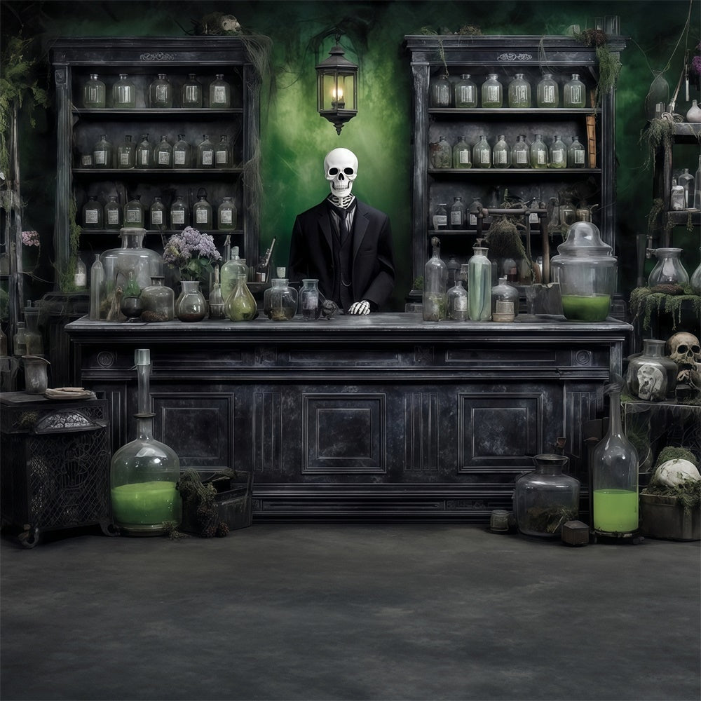 Scary Halloween Backdrops Chemical Reagent Mystery Skeleton Man Store Backdrop UK MRR8-14