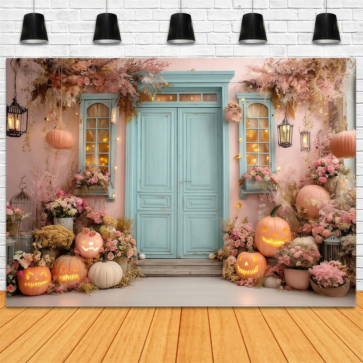 Halloween Backdrops for Photos Blush Pumpkin Floral Doorstep Backdrop UK MRR8-17