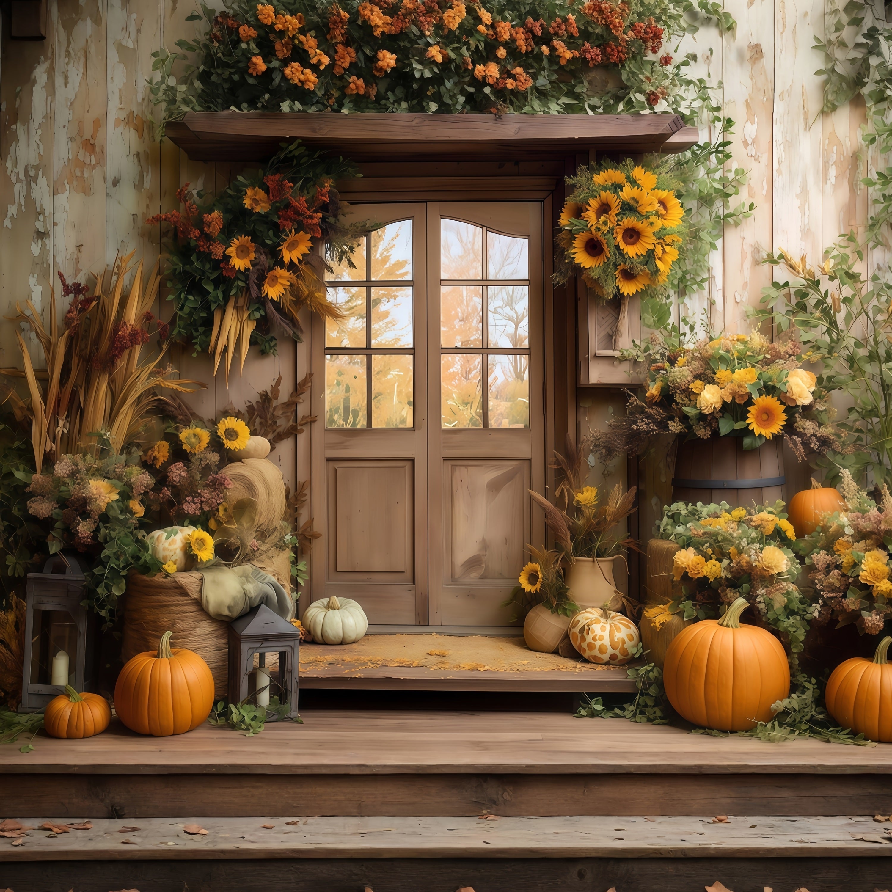 Fall Backdrop Sunflower Barn Door Pumpkin Autumn Photo Backdrop UK MRR8-181