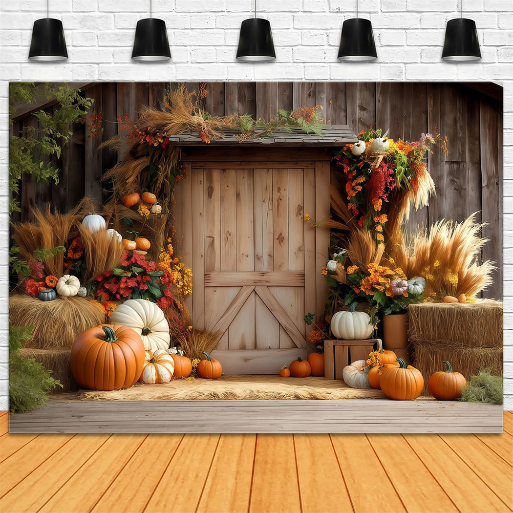 Autumn Backdrop Wood Door Pumpkin Hay Fall Photo Backdrops UK MRR8-182