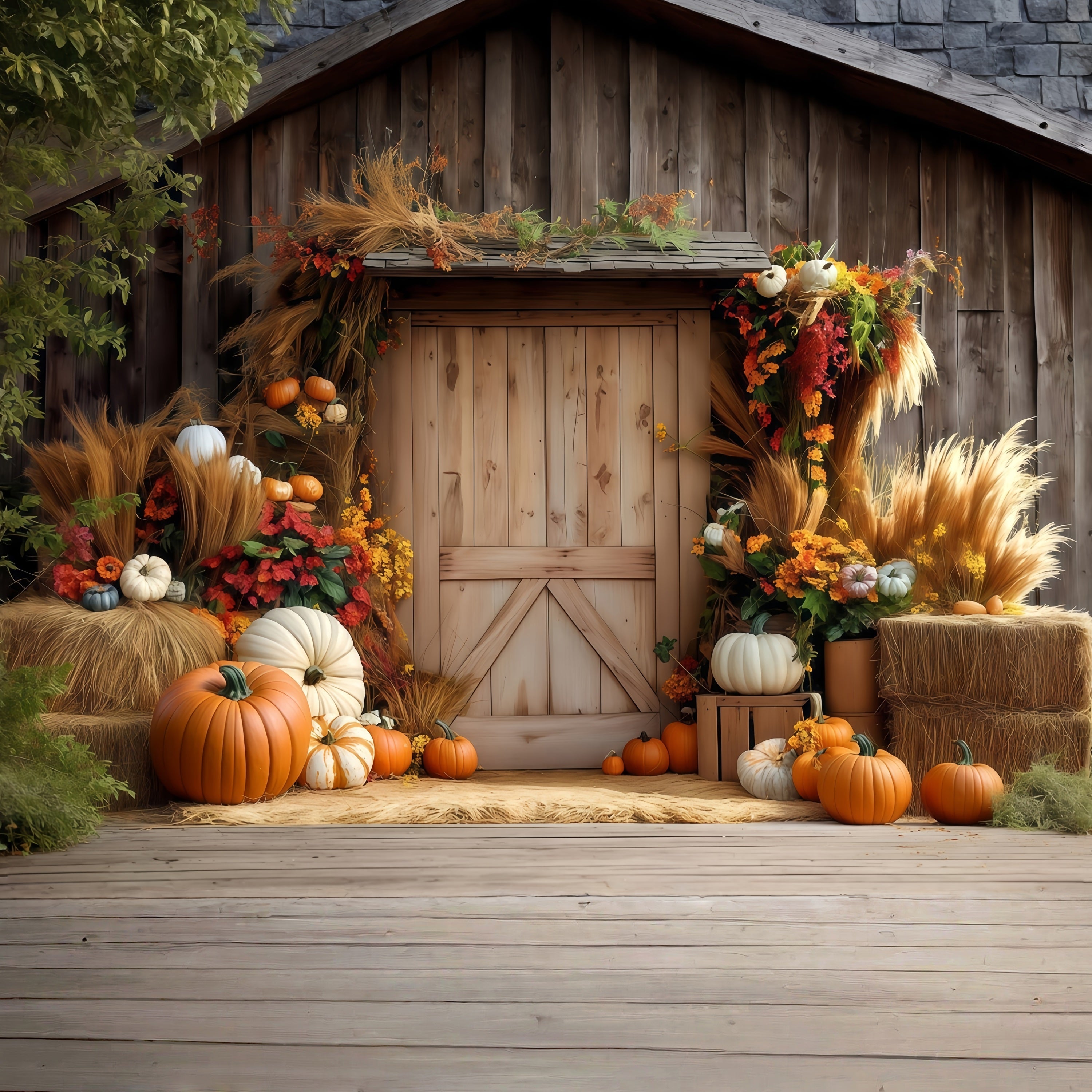 Autumn Backdrop Wood Door Pumpkin Hay Fall Photo Backdrops UK MRR8-182