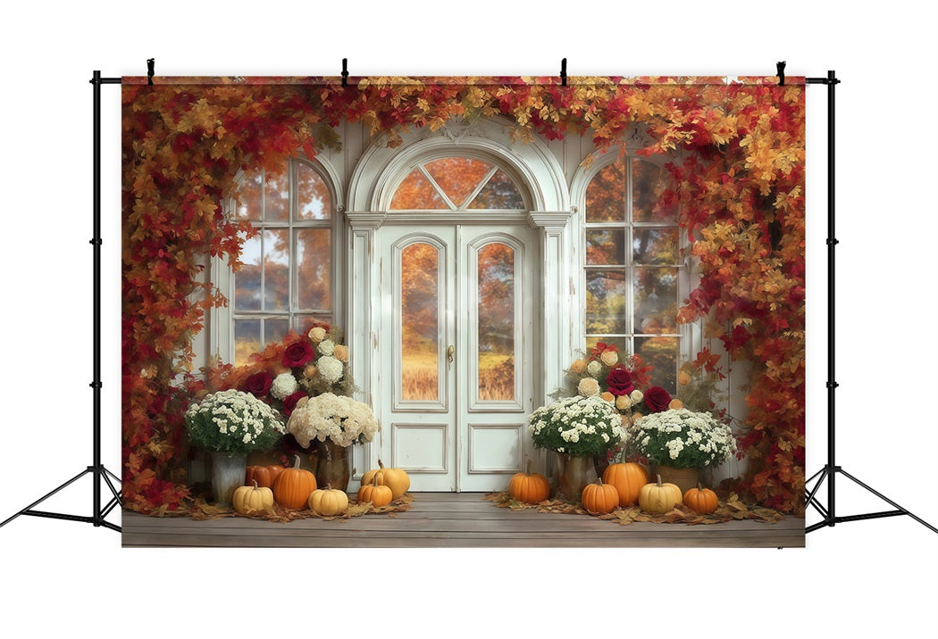 Fall Leaves Backdrop Maple Arch Door Pumpkin Autumn Photo Backdrop UK MRR8-184