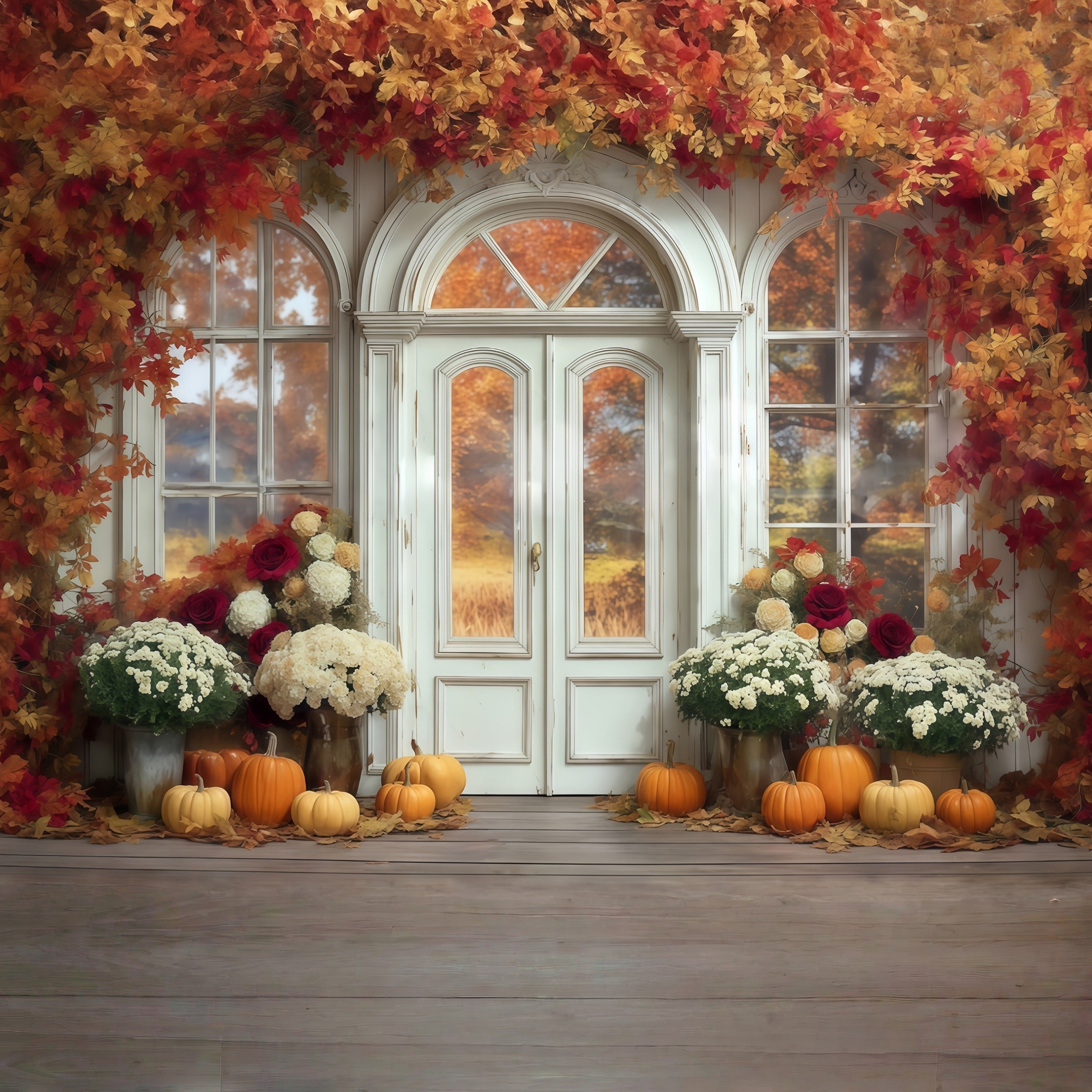Fall Leaves Backdrop Maple Arch Door Pumpkin Autumn Photo Backdrop UK MRR8-184